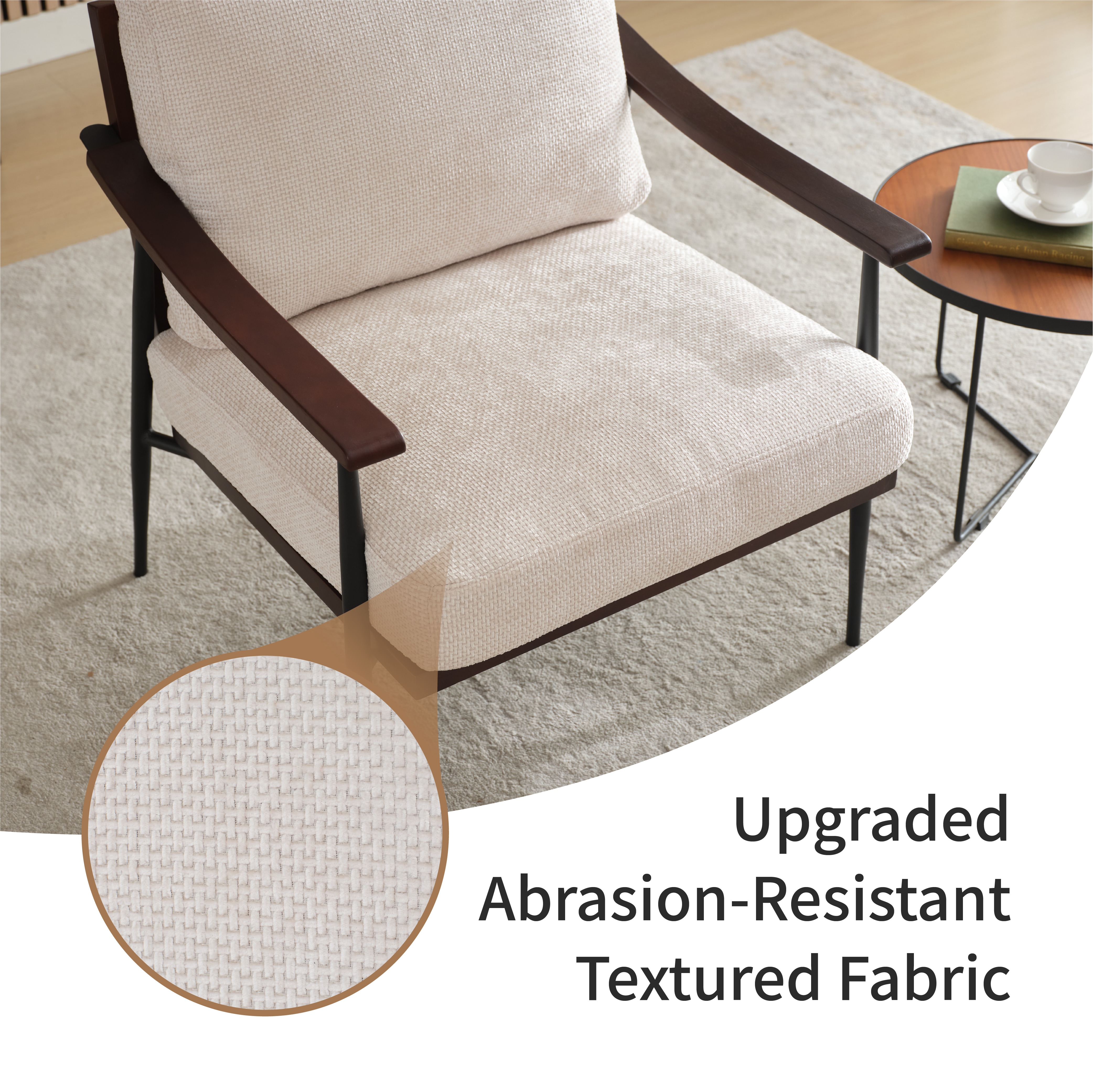 Modern Accent Chair, Mid Century Modern Accent Chairs, Linen Fabric Arm Chair With Wood Armrests, Upholstered Leisure Chair For Living Room, Bedroom, Reception Room, White_maomaolike.com